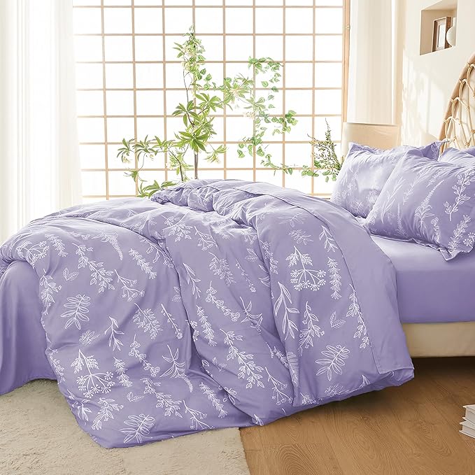 MUXHOMO Duvet Cover Full Size, Reversible Floral Lavender Duvet Cover Set with Zipper Closure, 3 Pieces Botanical Patterns Soft Microfiber Bedding Set with 4 Ties (80"x90", 2 Pillow Cases)