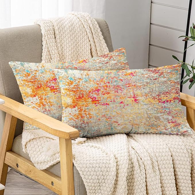 Boho Floral Throw Pillow Covers 12x20 inch Set of 2,Boho Rug Geometric Floral Pattern Decor Double Sided Pattern Cushion Cover Soft Pillow Case Living Sofa Room Bed Square Pillow Cover