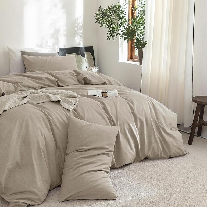 FOSSA Duvet Cover Set 100% Washed Cotton Linen Feel Super Soft Breathable Cozy 3 Pieces Bedding Sets Solid Tannish Linen Grey Oversized King Plus