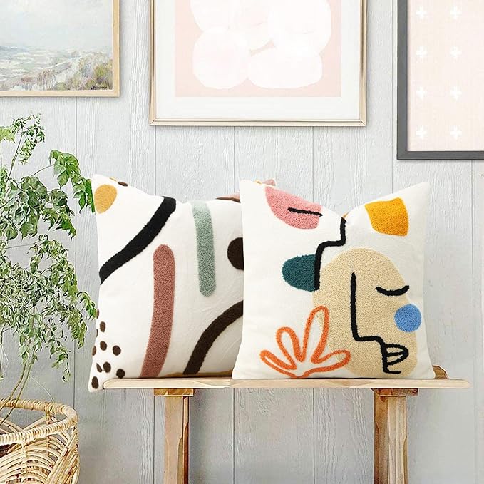 Merrycolor Colorful Boho Throw Pillow Covers 18x18 inch Tufted Modern Abstract Line Art Cute Pillows for Bedroom Aesthetic Embroidered Decorative Pillow Cases for Couch Sofa Bedroom Living Room,1PC