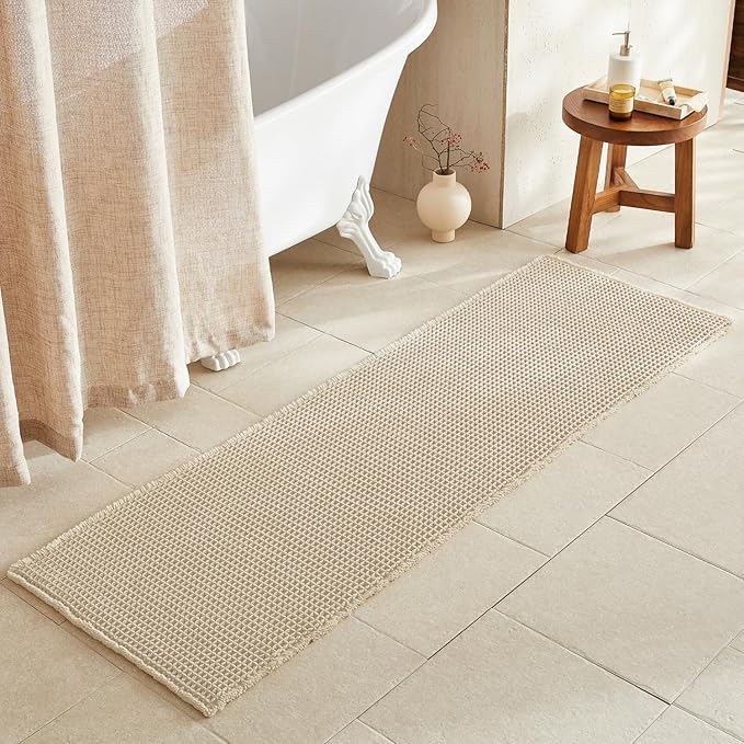 Pale Beige Long Bathroom Rug, Waffle Runner Rug Bathroom Non Slip Washable Super Absorbent Quick Dry Boho Farmhouse Bath Mat, 72''x24'' Pale Beige