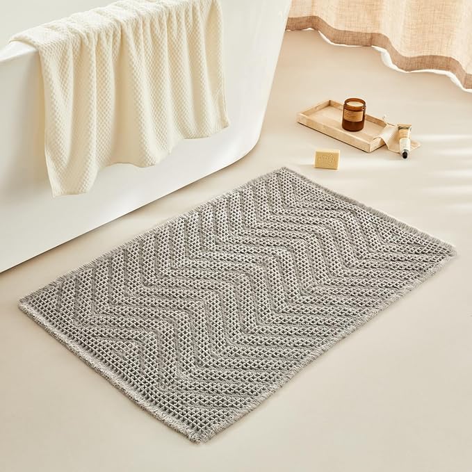 Boho Bath Mat BathDecor Rugs,Upgraded Waffle Bath Mat,Super Absorbent Non Slip Bath Carpet,Machine Washable Bath Rugs, Quick Dry Shower Mats, Ultra Soft,Gray,24" x 36"