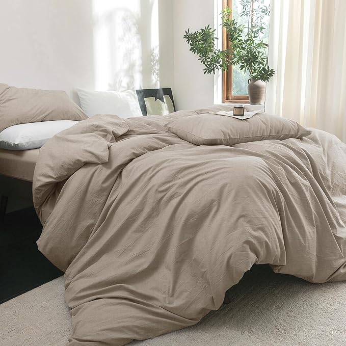 FOSSA Duvet Cover Set 100% Washed Cotton Linen Feel Super Soft Breathable Cozy 3 Pieces Bedding Sets Solid Tannish Linen Grey Queen
