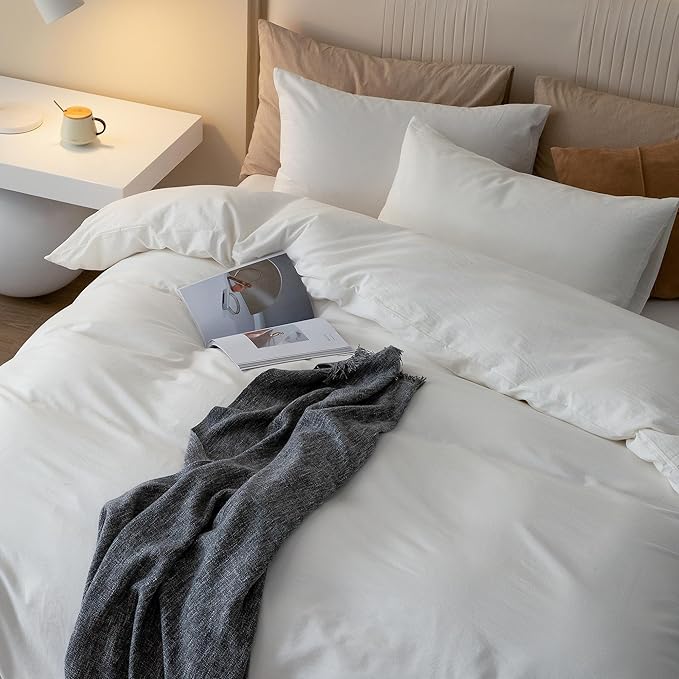 JIYUAN 100% Washed Cotton Duvet Cover Set 3 Pieces Super Queen, 1 Duvet Cover 90x98 Inches(Comforter Not Included) and 2 Pillowcases,Linen Feel Bedding Set Comfy and Breathable,Off White
