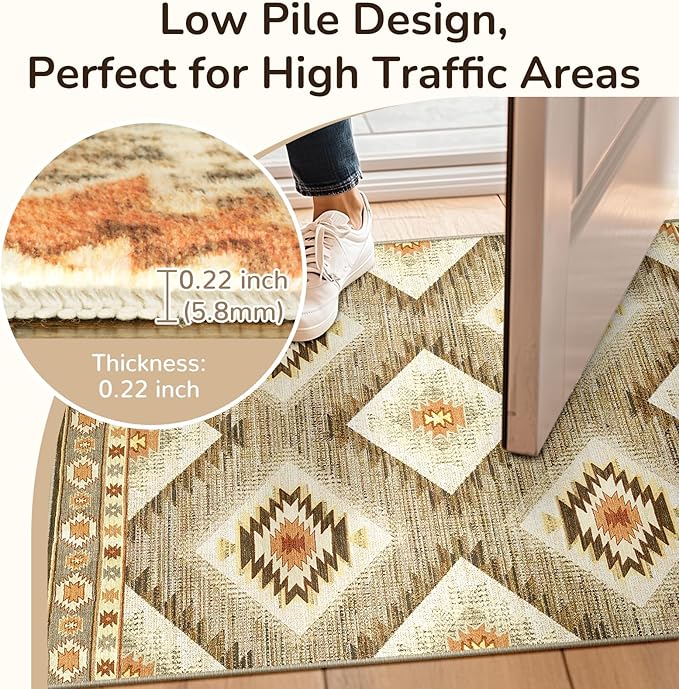 Area Rug 2x8 Rug Machine Washable Non-Slip Low Pile Print Pattern Western Rug for Living Room Bedroom Entryway Tribal Series -Cream/Camel