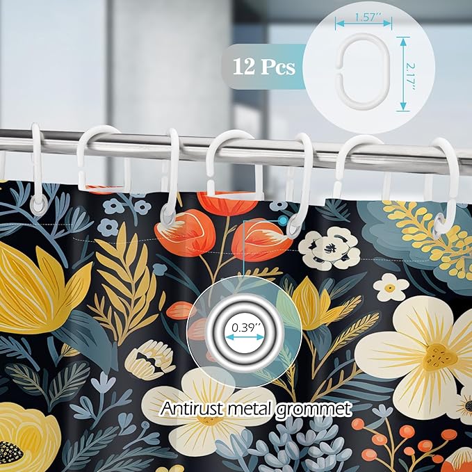 Aimego Black Floral Shower Curtain - Dark Beige Yellow Flowers Plants Boho Chic Colorful Botanical Leaves Fabric Cloth Bath Shower Curtain Set with 12 Hooks for Bathroom Decor Accessories, 72"x72"