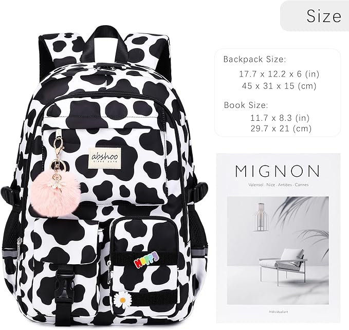 abshoo Big Student Laptop Backpack For College Women Middle High School Teen Girls Bookbag Travel Daypack (Cow Print Black)