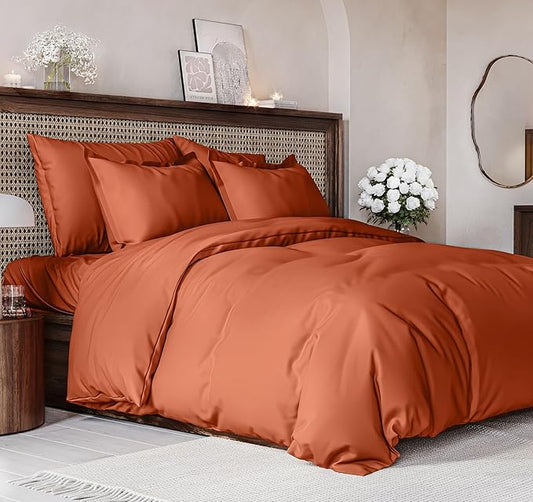 Duvet Cover Queen Size Set - Extra Soft Queen Size Duvet Cover 90 x 90 with 2 Pillow Shams - Hotel Luxury Easy Care and Fade Free w/Zipper Closures & Ties - Comfy Breathable Bedding Set (Terracotta)