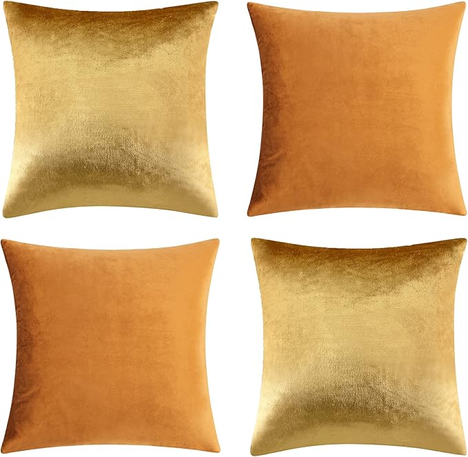 GIGIZAZA Velvet Gold Orange Pillow Covers 18x18，Pack of 4 Decorative Throw Pillow Soft Covers Square Couch Pillow Modern Covers Living Room Luxury Cushion Covers