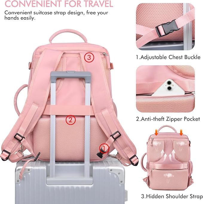 Beraliy Large Travel Backpack for Women, Personal Item Bag Airline Approved, Carry On Luggage, 17 inch Laptop Backpack, Waterproof Backpack, Hiking Backpack, Pink