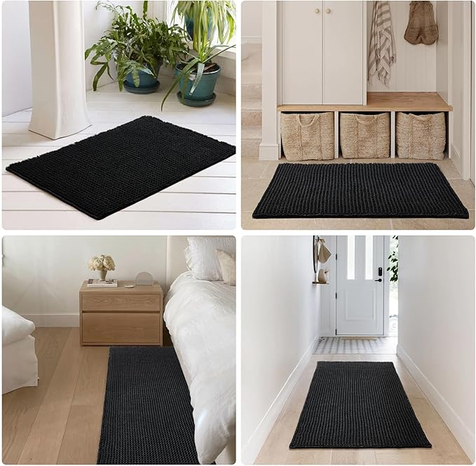 Black Bathroom Rug, Waffle Bath Mat Non Slip Washable Super Absorbent Quick Dry Boho Farmhouse Bathroom Decor, 24"x16" Black