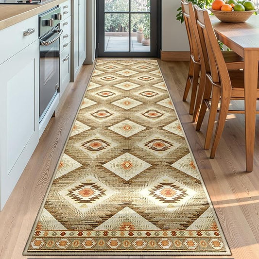 Area Rug 2x8 Rug Machine Washable Non-Slip Low Pile Print Pattern Western Rug for Living Room Bedroom Entryway Tribal Series -Cream/Camel