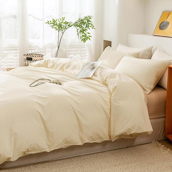 ECOCOTT Duvet Cover Queen Size - 3 Piece 100% Washed Cotton Bedding Set, Soft and Breathable with Zipper Closure & 8 Corner Ties - Comfortable and Stylish for All Seasons (Cream)