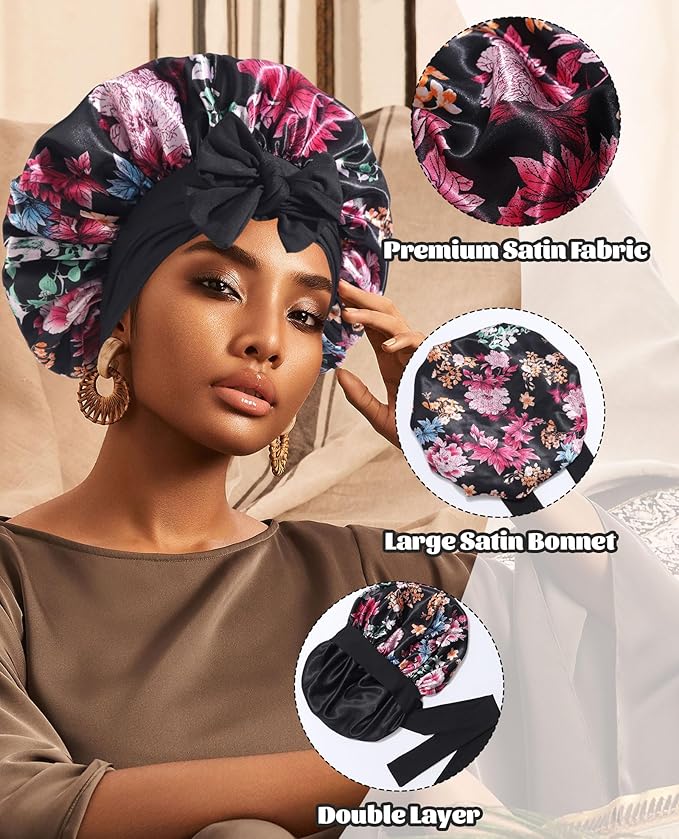 Satin Bonnet Silk Bonnet for Sleeping Silk Sleep Cap Double Layer Hair Bonnet with Elastic Tie Band for Curly Hair Night Cap(Black(Flower))