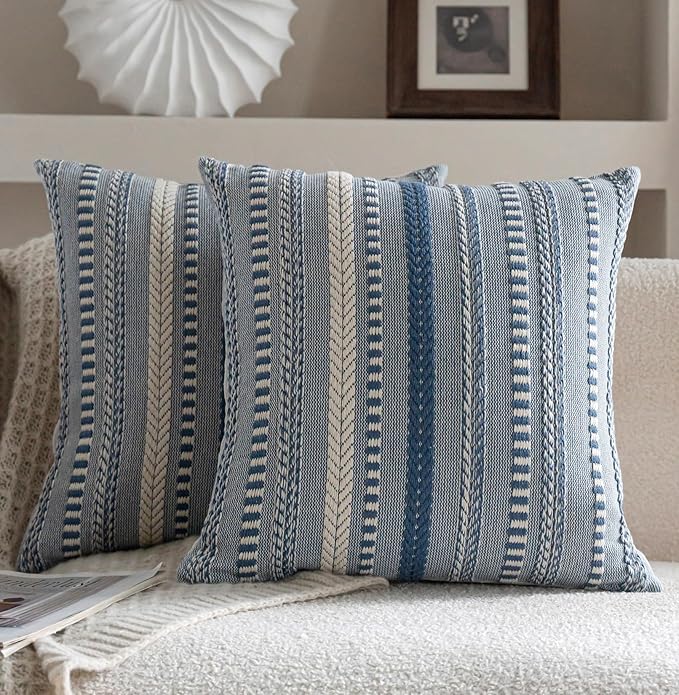 Boho Throw Pillow Covers 22x22 Inch Set of 2, Farmhouse Decorative Couch Pillow Cases, Blue Accent Pillows of Bed, Sofa Bedroom Living Room Home Decor Cushion Cover