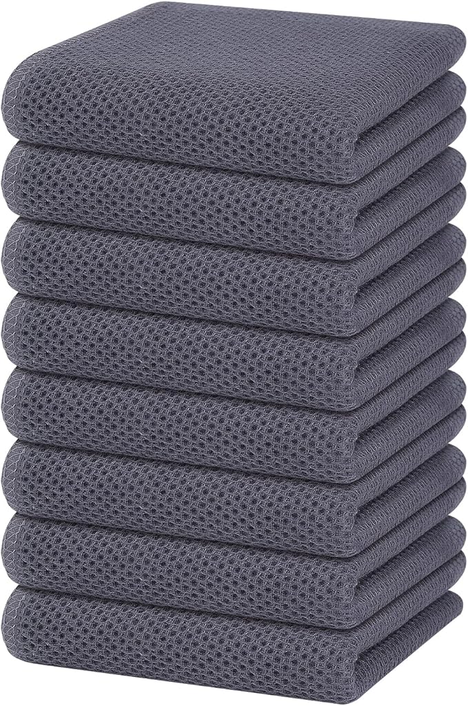 Homaxy 100% Cotton Waffle Weave Kitchen Dish Towels, Ultra Soft Absorbent Quick Drying Cleaning Towel, 13 x 28 Inches, 8-Pack, Dark Grey