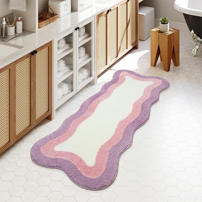 HAOCOO Luxury Soft Scalloped Runner Rug, 24x59 Inch Irregular Shape Non-Slip Bathmat, Microfiber Absorbent Washable Rugs for Bathroom Floor Bedside Sink Tub Shower