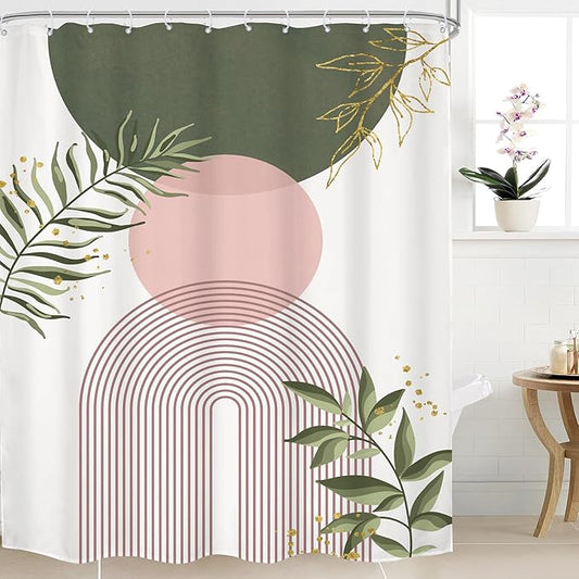 Pink Green Boho Shower Curtain 72Wx96H Extra Long Modern Bohemian Abstract Sage Green Gold Leaves Mid Century Plant Minimalist Bathroom Decor Arch Bath Curtain Fabric Polyester 12 Pack Hooks
