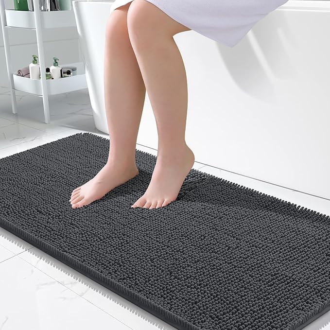 OLANLY Bathroom Rugs 50x30, Extra Soft Absorbent Chenille Bath Rugs, Rubber Backing Quick Dry, Machine Washable Bath Mats for Bathroom Floor, Tub and Shower, Home Decor Accessories, Dark Grey