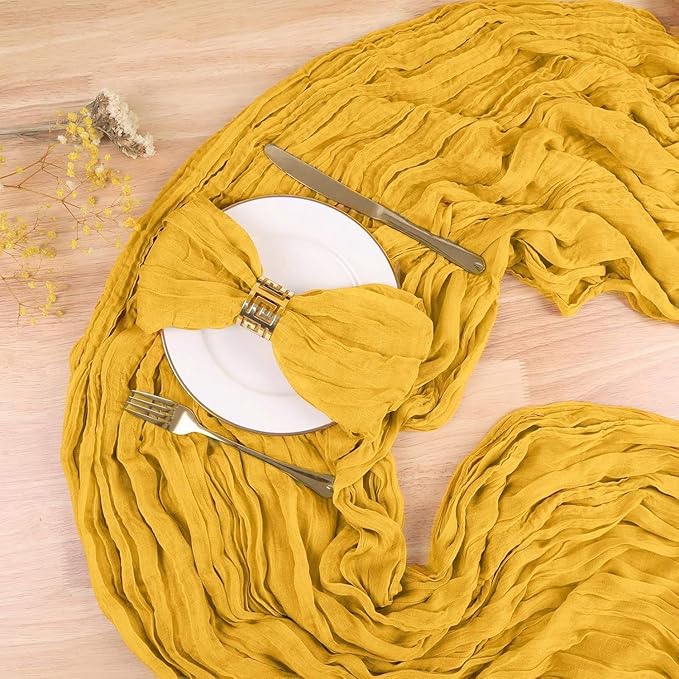 Cheesecloth Table Runner 13.3FT Long Yellow Boho Table Runner Wrinkle Rustic Gauze Wedding Dining Table Decorations for Birthday Party Baby Shower Event Easter Table Decoration