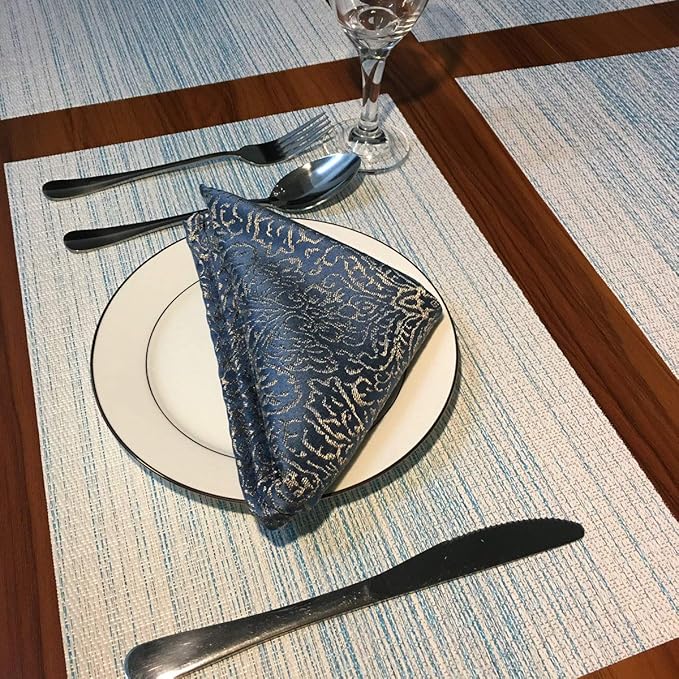 Placemat,Blending Color Durable Woven Vinyl Placemat Washable Heat-Resistant Anti-Skid Kitchen Dining Table Mats (Set of 4, Blue with White)