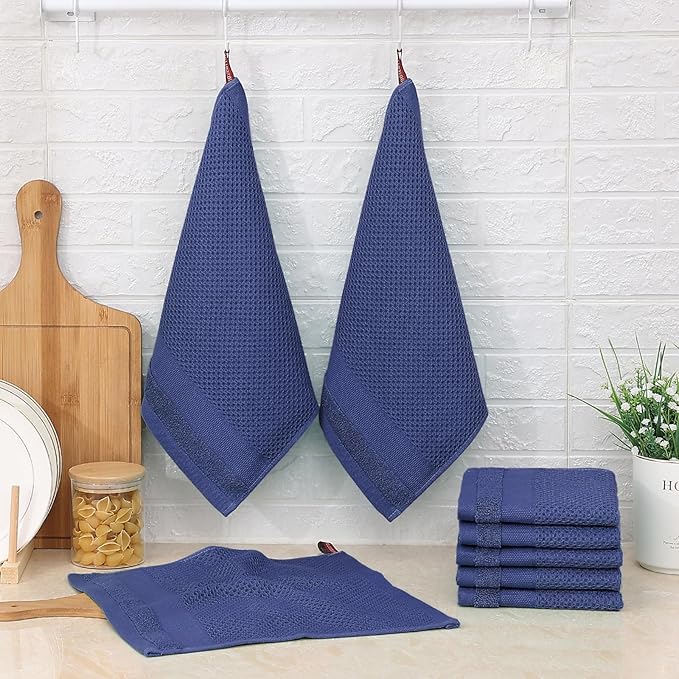Homaxy 100% Cotton Dish Cloths, 6 Pack - 12 x 12 Inches, Waffle Weave Super Soft and Absorbent Dish Towels Quick Drying Dishcloths, Navy Blue