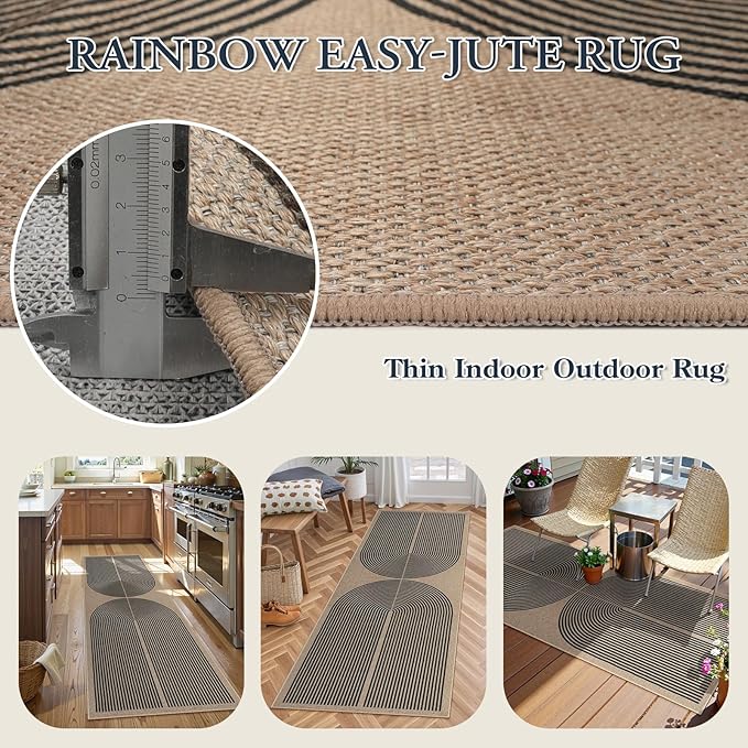 Lahome Modern Rainbow Easy Jute Outdoor Runner Rug, 2x6 Runners for Hallways Washable Laundry Room Rug, Farmhouse Non Slip Indoor Outdoor Carpet for Kitchen Floor Entryway