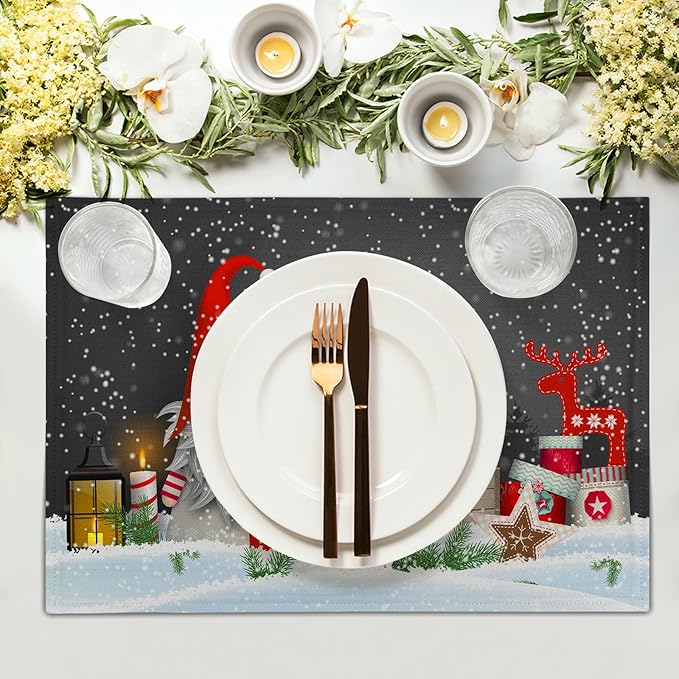 Giwawa Christmas Gnome Placemats, Let It Snow Xmas Elf Reindeer Place Mat for Kitchen Dining, Winter Snowflakes Non-Slip Washable Table Mats for Tabletop Holiday Camping Decor, Set of 4, 12"x18"