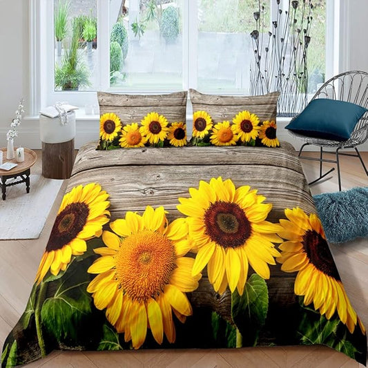 Sunflower Duvet Cover Botanical Floral Printed Bedding Set for Kids Women Adults Yellow Blossom Flowers Comforter Cover Wooden Scenes Bedspread Cover Bedroom Collection 3Pcs Full Size…