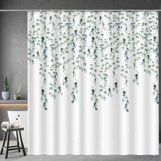 Aimego Sage Green Eucalyptus Shower Curtain-Spring Summer Watercolor Plant Leaves Nature Botanical Bathroom Decor Fabric Cloth Bath Shower Curtain Set with 12 Hooks, 72"x72", White
