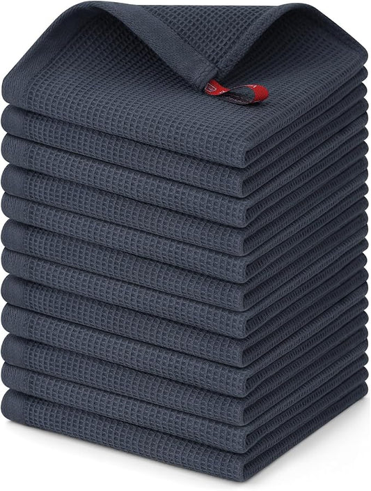 Homaxy 100% Cotton Waffle Weave Dish Cloths - 12 Pack Soft and Absorbent Dish Towels - 12 x 12 Inches Quick Dry Dish Rags - Dark Grey