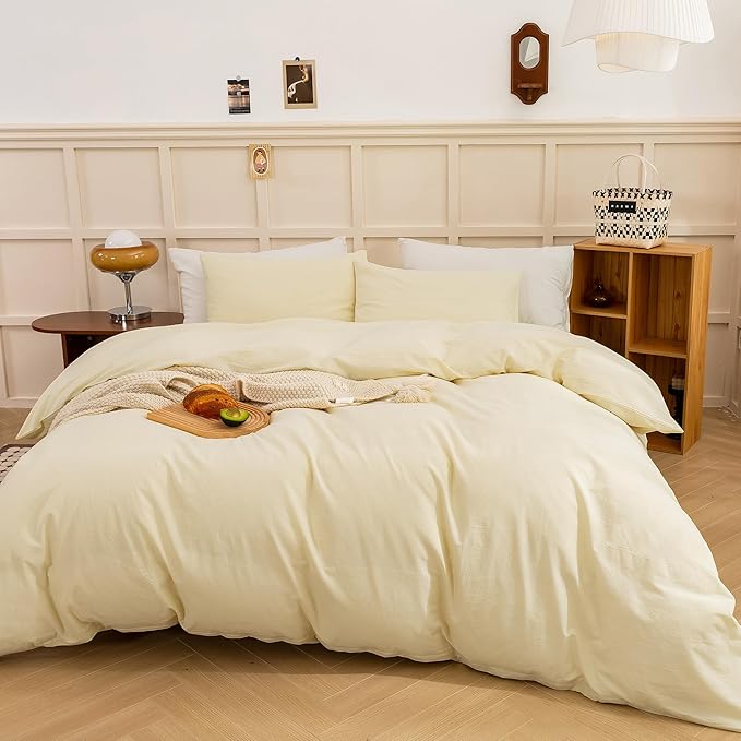 ECOCOTT Duvet Cover Set, 100% Washed Cotton Linen-Like Textured Soft & Breathable, Durable Comfy Bedding Set for All Seasons (Light Yellow, Queen)