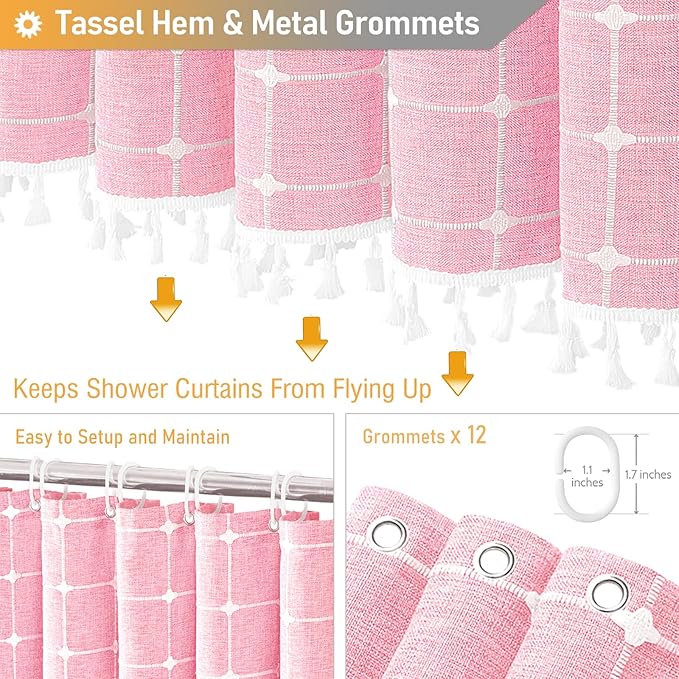 BTTN 78 Inch Long Shower Curtain - Boho Farmhouse Linen Ultra Thick Fabric Shower Curtain Set with Plastic Hooks, Tall Rustic Country Weighted Cloth Shower Curtains for Bathroom Decor - Pink - 72x78