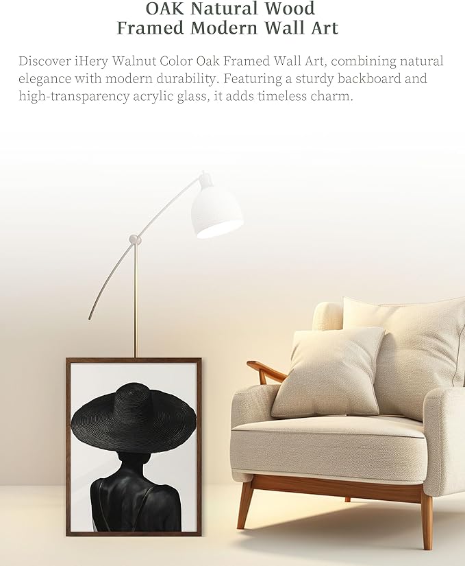 iHery Natural OAK Wood Black Girl Walnut Color Framed Wall Art, 12x16 in Black and White Modern Canvas Wall Art, Trendy African American Black Bedroom Decor, Set of 1 For Bathroom Living Room