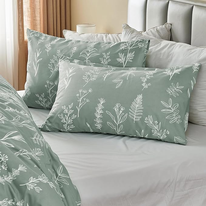 MUXHOMO Duvet Cover Full Size, Reversible Floral Green Duvet Cover Set with Zipper Closure, 3 Pieces Botanical Patterns Soft Microfiber Bedding Set with 4 Ties (80"x90", 2 Pillow Cases)