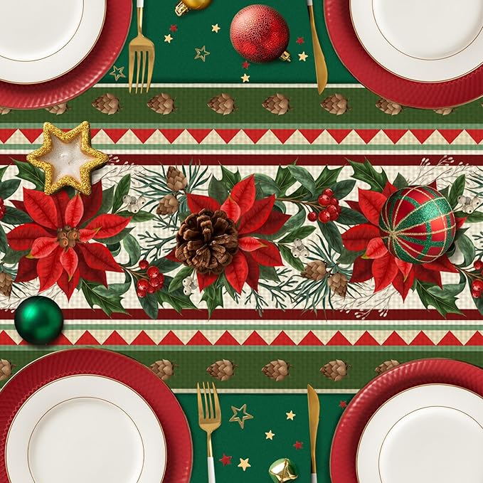 Christmas Flower Table Runner Burlap Kitchen Dining Linen Table Decoration for Indoor Outdoor Home Party Dinner 13x72 Inch