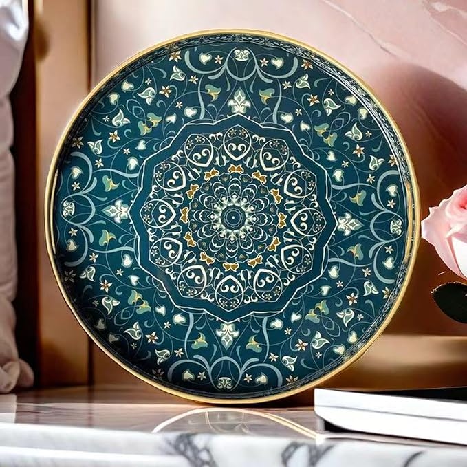 Round Serving Tray with Handles - Large Round Ottoman Tray Coffee Table Tray,Plastic Decorative Trays for Coffee Table,Boho Ottoman Trays for Living Room