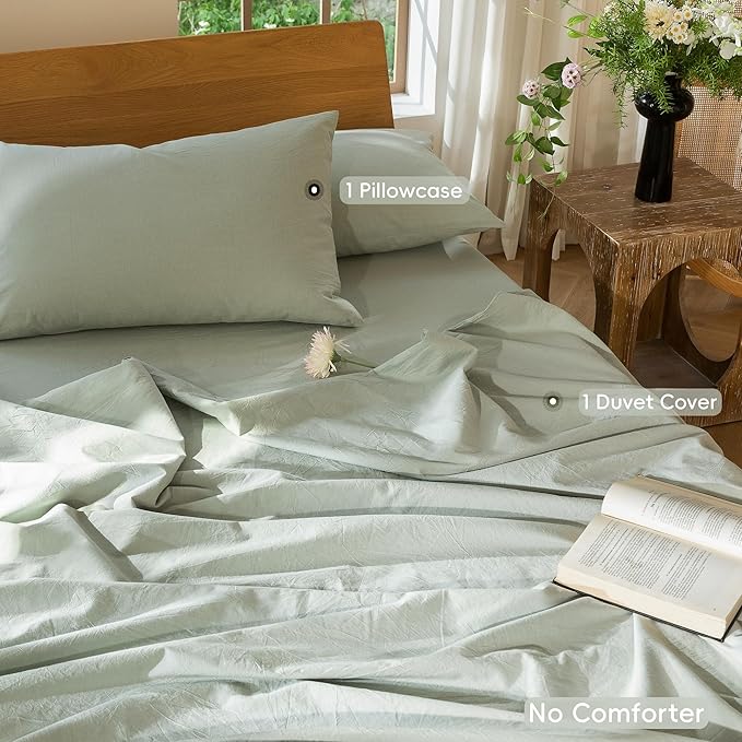 MooMee Bedding Duvet Cover Set 100% Washed Cotton Linen Like Textured Breathable Durable Soft Comfy (Heathered Sage Green, Twin 68"x90")