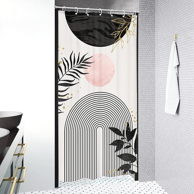 Small Stall Boho Shower Curtain 36Wx72H RV Modern Bohemian Abstract Leaves Mid Century Plant Half Narrow Bathroom Decor Minimalist Geometric Neutral Bath Curtain Fabric Polyester 7 Pack Hooks