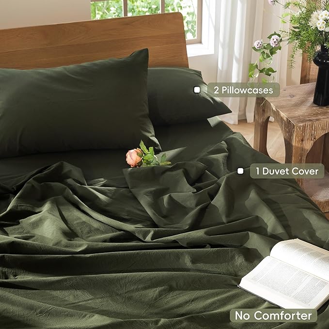 MooMee Bedding Duvet Cover Set 100% Washed Cotton Linen Like Textured Breathable Durable Soft Comfy (Solid Olive Green, Super Queen 90"x98")