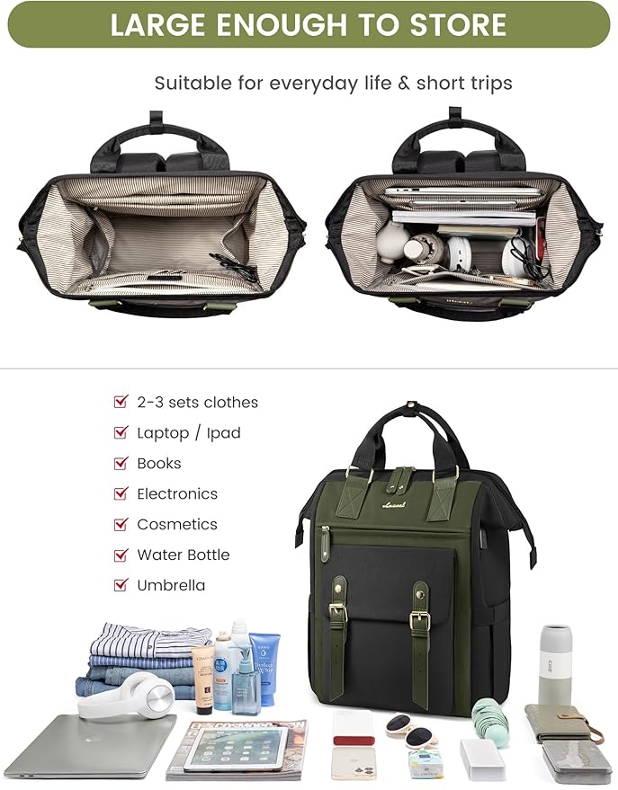 LOVEVOOK Laptop Backpack for Women Work Travel Backpack Purse, Nurse Bags Teacher Doctor Commuter Business Computer Bag, College Backpack Stylish Daypack, 15.6 Inch, Black-army green-army green