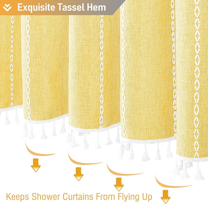 BTTN Boho Farmhouse Shower Curtain, Linen Rustic Weighted Striped Fabric Shower Curtain with Tassel, Water Repellent, Modern Bohemian Vintage Country Cloth Shower Curtains for Bathroom, Yellow, 72x72