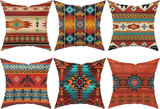 Native American Throw Pillow Covers Set of 6, Western Rustic Burnt Orange Home Decor Outdoor Tribal Ethnic Farmhouse Navajo Decorative Cushion Case 18"X18"