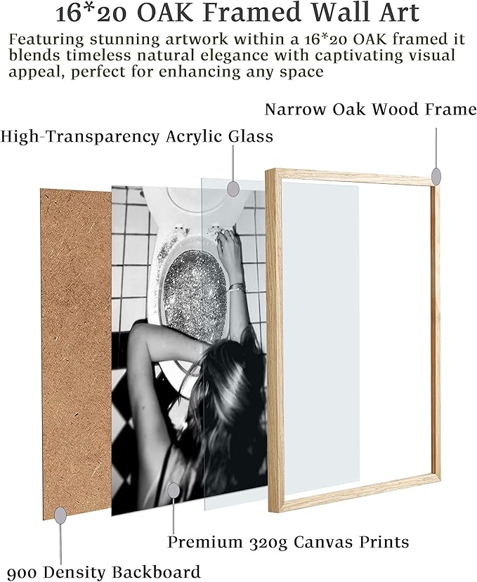 EcoHest Trendy After the Disco Party Framed Wall Art, Large 16x20 in OAK Wood Black and White Funny Bathroom Canvas Art, Teen Girl Poster College Dorm Decor, Set of 1 for Bedroom Living Room