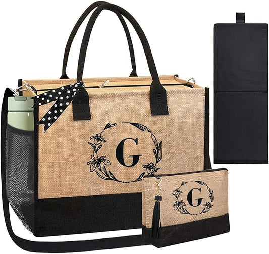 BeeGreen Embroidery Monogram Initial Tote Bag for Women Teacher Mom Friend Personalized Gift for Birthday Beach Work Wedding