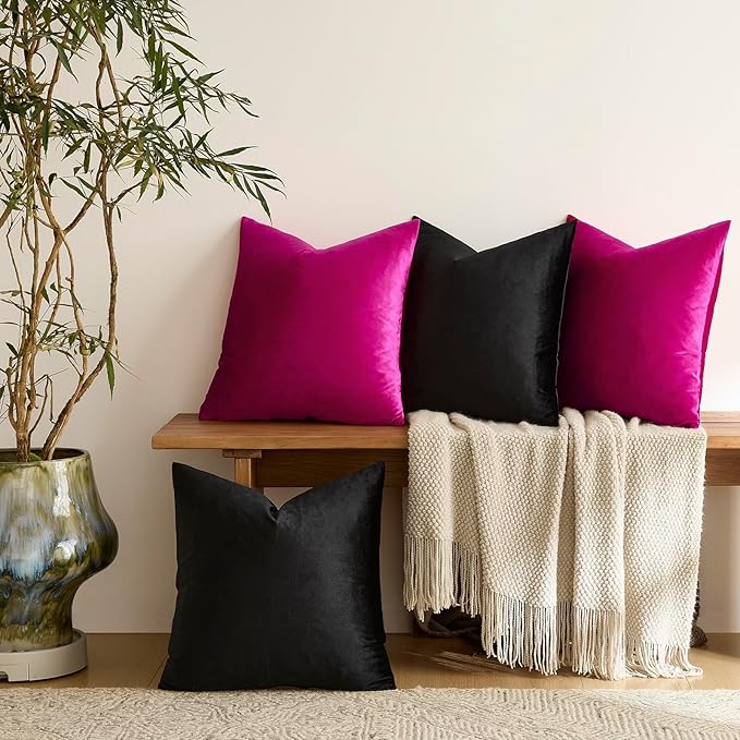 GIGIZAZA Pillow Covers 18x18 Set of 4,Black Hot Pink Velvet Soft Pillow Covers Decorative Square Modern Pillows Cushion Cases for Living Room