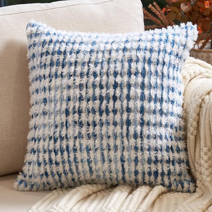 Aeckself Boho Chenille Tufted Pillow Cover 20x20 Inch, Decorative Square Throw Pillow Cover Neutral Pillowcase for Couch Bedroom Living Room, Blue White