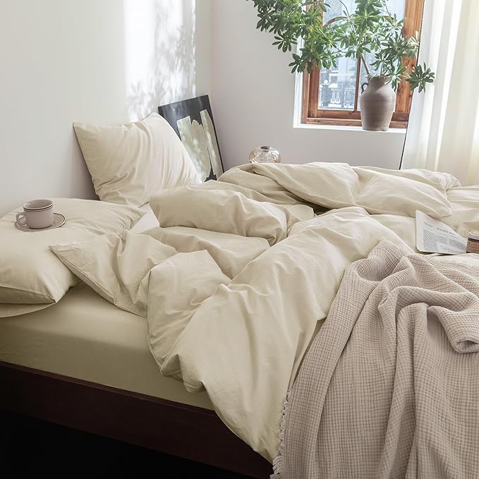 FOSSA Duvet Cover Set 100% Washed Cotton Linen Feel Super Soft Breathable Cozy 3 Pieces Bedding Sets Solid Almond Grey Oversized King