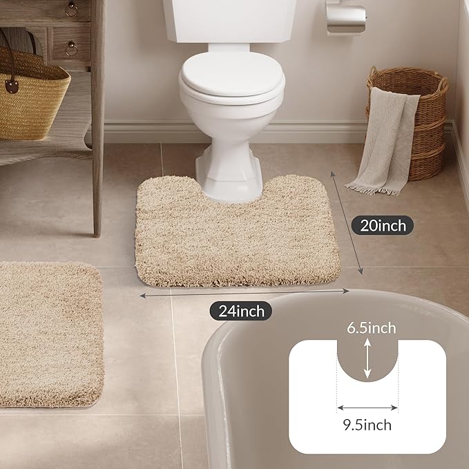 Walensee Bathroom Contour Rug (20x24, Beige) Non Slip Bath Mat Water Absorbent Soft Microfiber Shaggy Bathroom Mat Machine Washable Bath Rug U Shape Toilet Rug