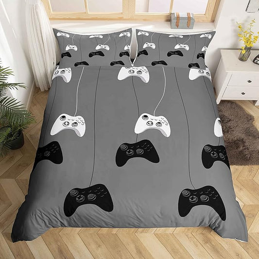 Feelyou Gaming Bedding Set for Boys Gamer Duvet Cover Reversible Geometric Pattern,Video Game Decor Comforter Cover Teens Kids 2 Pieces 1 Duvet Cover with 1 Pillowsham Grey White No Comforter (Twin)